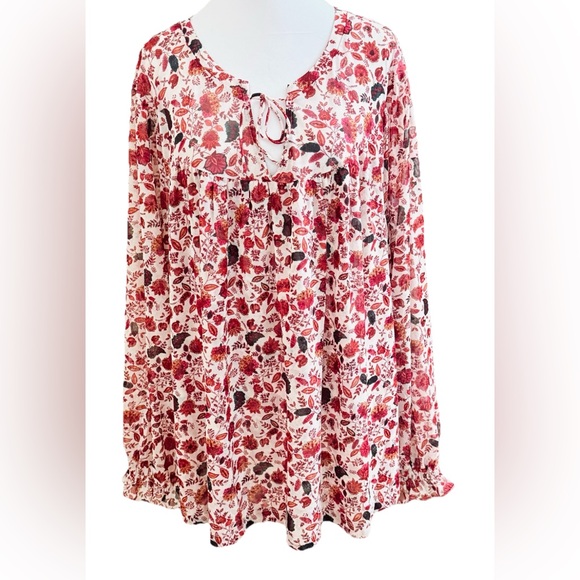 NWT LANE BRYANT Burgundy + Cream Floral Long Sleeve Mesh Swing Top Blouse 4x - Picture 2 of 10